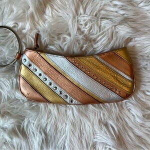 Fossil 90s/Y2K Metallic Leather Wristlet Clutch with Silver Ring Bangle Strap